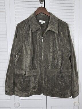 CJ Banks Faux Suede Full Zip Up Olive Green Long Sleeve Pockets Jacket Sz 1X